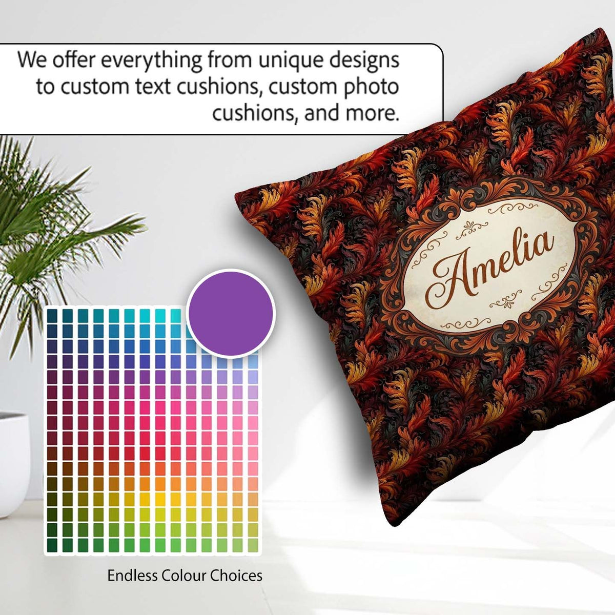 Custom Name Rich Red Gold Ornamental Leaf Swirl Seamless Pattern Square Filled Cushion Throw Pillow Sofa Bed Home Decor Zip Washable UK Made