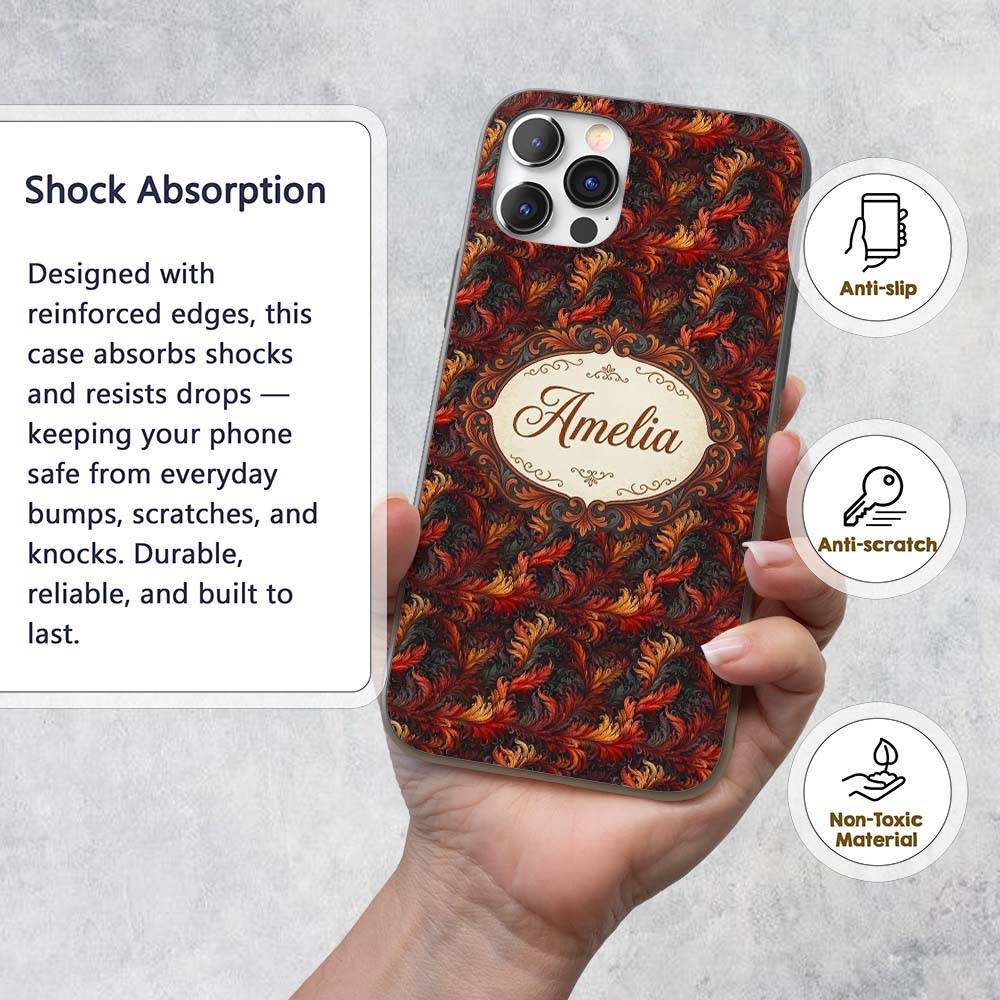 Rich Red Gold Ornamental Leaf Swirl Seamless Custom Name Protective Phone Case Mobile Cover Durable Everyday Smartphone Shock Resistant