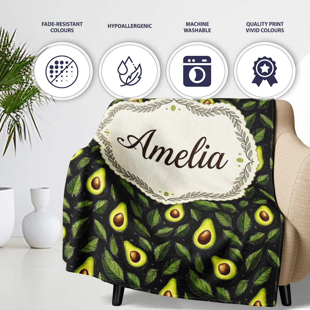 Dark Avocado Leaf Seamless Black Background Fresh Fruit Botanical Personalised Custom Name Super Soft Fleece Blanket Bed Sofa Throw