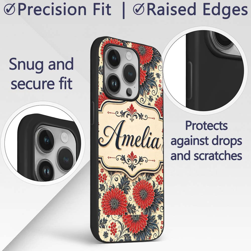 Red Floral Vintage Garden Seamless Printed Design Custom Name Protective Phone Case Mobile Cover Durable Everyday Smartphone Shock Resistant