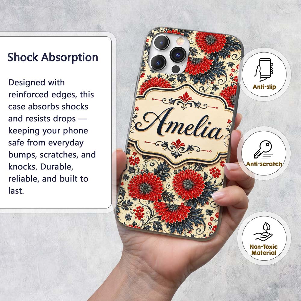 Red Floral Vintage Garden Seamless Printed Design Custom Name Protective Phone Case Mobile Cover Durable Everyday Smartphone Shock Resistant