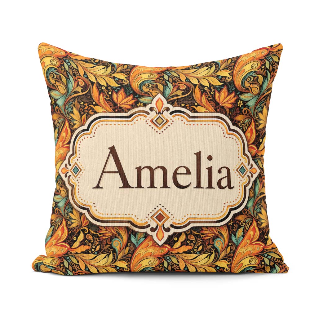 Custom Name Golden Orange Ornamental Paisley Leaf Swirl Seamless Square Filled Cushion Throw Pillow Sofa Bed Home Decor Zip Washable UK Made