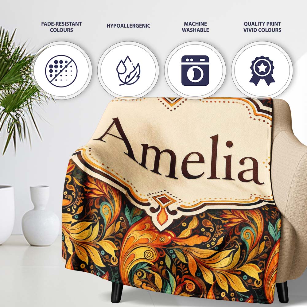 Golden Orange Ornamental Paisley Leaf Swirl Seamless Pattern Lovely Personalised Custom Name Super Soft Fleece Blanket Bed Sofa Throw