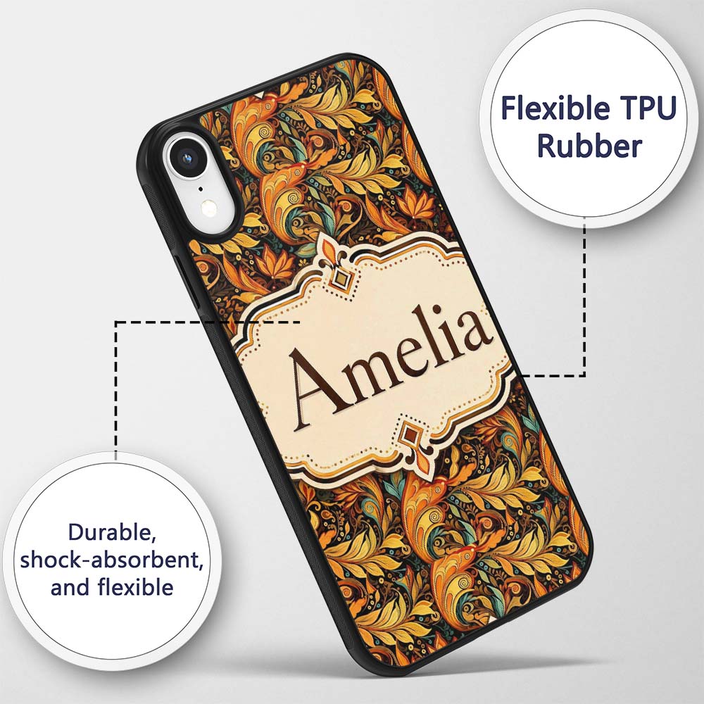 Golden Orange Ornamental Paisley Printed Design Custom Name Protective Phone Case Mobile Cover Durable Everyday Smartphone Shock Resistant