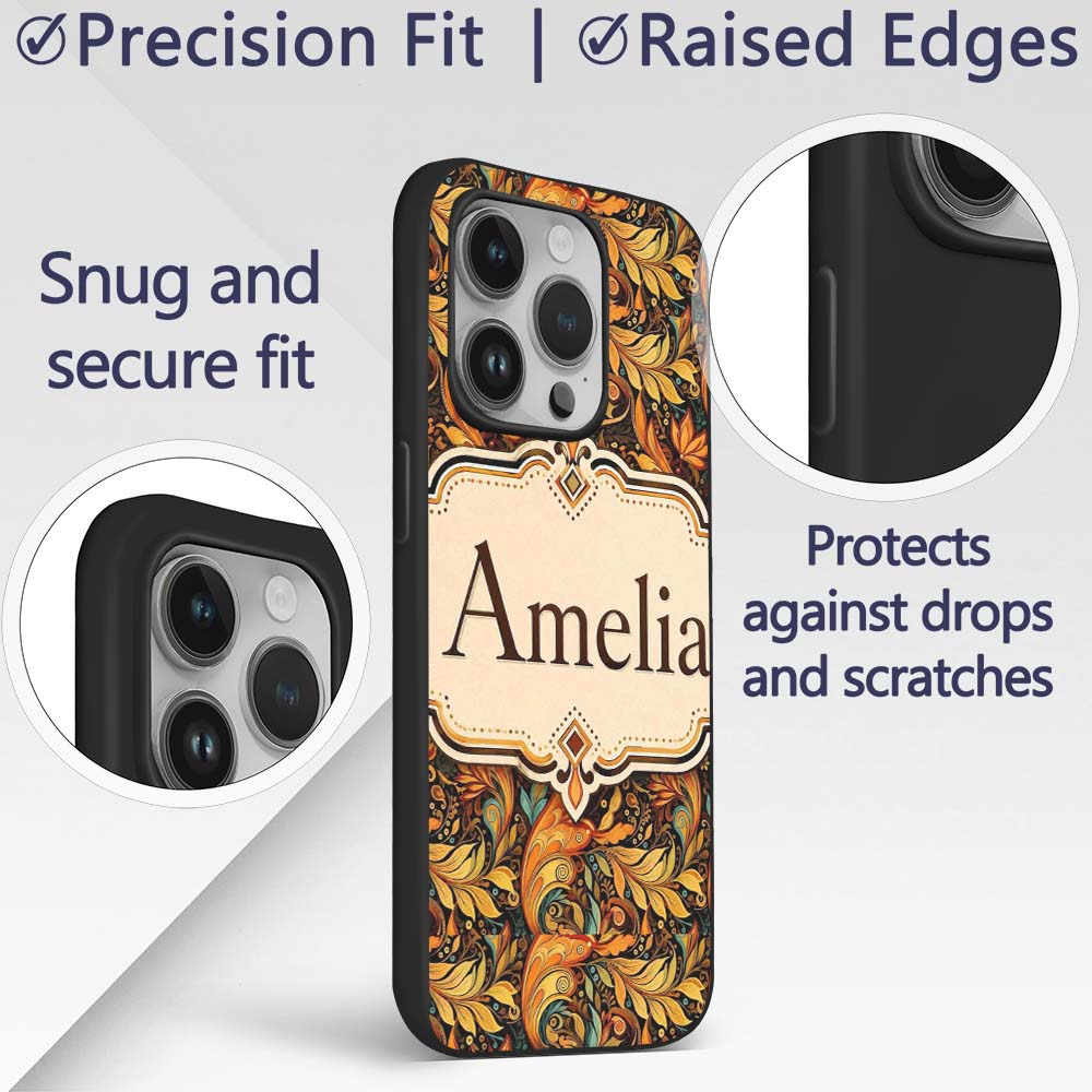 Golden Orange Ornamental Paisley Printed Design Custom Name Protective Phone Case Mobile Cover Durable Everyday Smartphone Shock Resistant