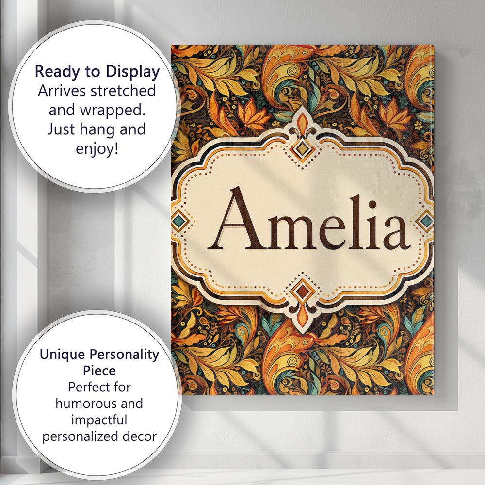 Personalised Name Golden Orange Ornamental Custom Unique Gift Idea Elegant Feature Canvas Wall Art Print Decor Picture Ready to Hang