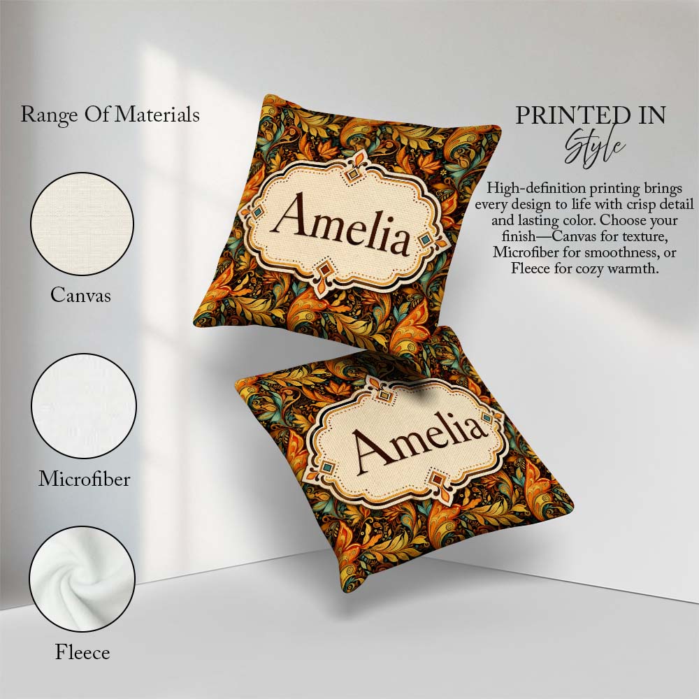 Custom Name Golden Orange Ornamental Paisley Leaf Swirl Seamless Square Filled Cushion Throw Pillow Sofa Bed Home Decor Zip Washable UK Made