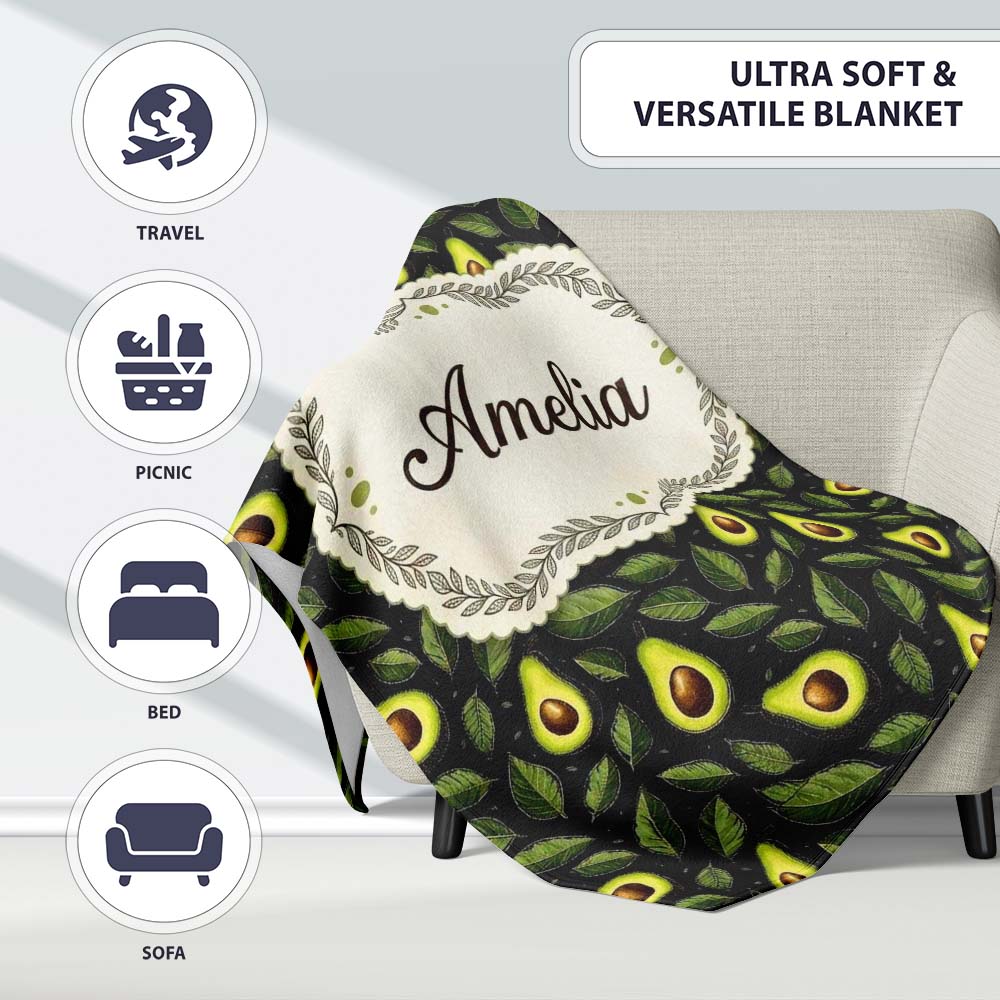 Dark Avocado Leaf Seamless Black Background Fresh Fruit Botanical Personalised Custom Name Super Soft Fleece Blanket Bed Sofa Throw