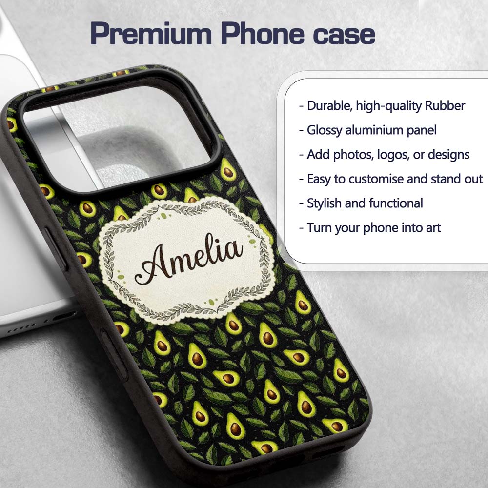 Dark Avocado Leaf Seamless Black Background Fresh Custom Name Protective Phone Case Mobile Cover Durable Everyday Smartphone Shock Resistant