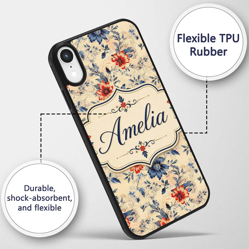 Blue Red Botanical Floral Vintage Printed Design Custom Name Protective Phone Case Mobile Cover Durable Everyday Smartphone Shock Resistant