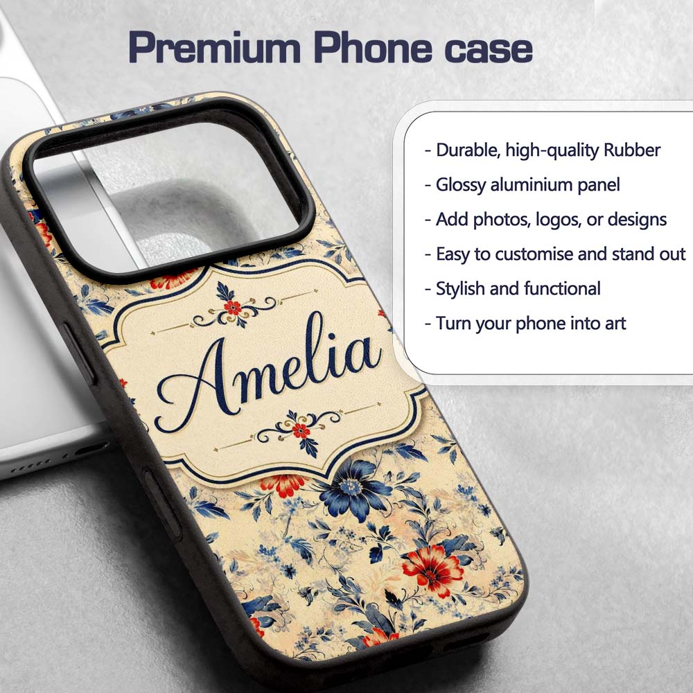 Blue Red Botanical Floral Vintage Printed Design Custom Name Protective Phone Case Mobile Cover Durable Everyday Smartphone Shock Resistant