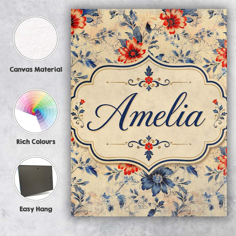 Personalised Name Blue Red Botanical Floral Custom Bespoke Interior Contemporary Canvas Wall Art Print Decor Picture Ready to Hang