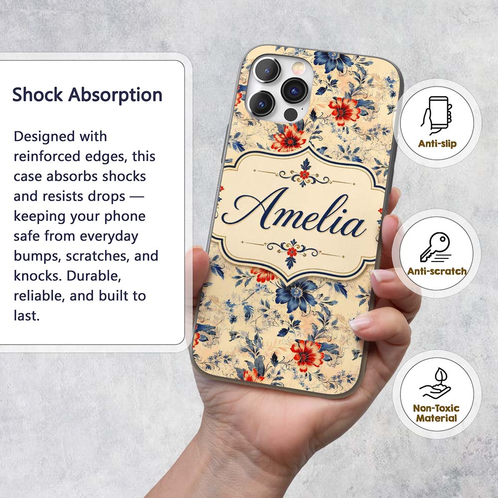 Blue Red Botanical Floral Vintage Printed Design Custom Name Protective Phone Case Mobile Cover Durable Everyday Smartphone Shock Resistant