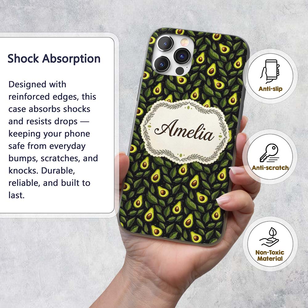 Dark Avocado Leaf Seamless Black Background Fresh Custom Name Protective Phone Case Mobile Cover Durable Everyday Smartphone Shock Resistant