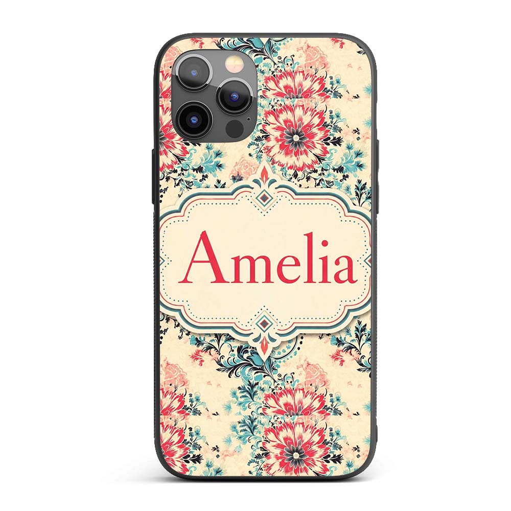 Elegant Pink Blue Floral Damask Vintage Seamless Custom Name Protective Phone Case Mobile Cover Durable Everyday Smartphone Shock Resistant