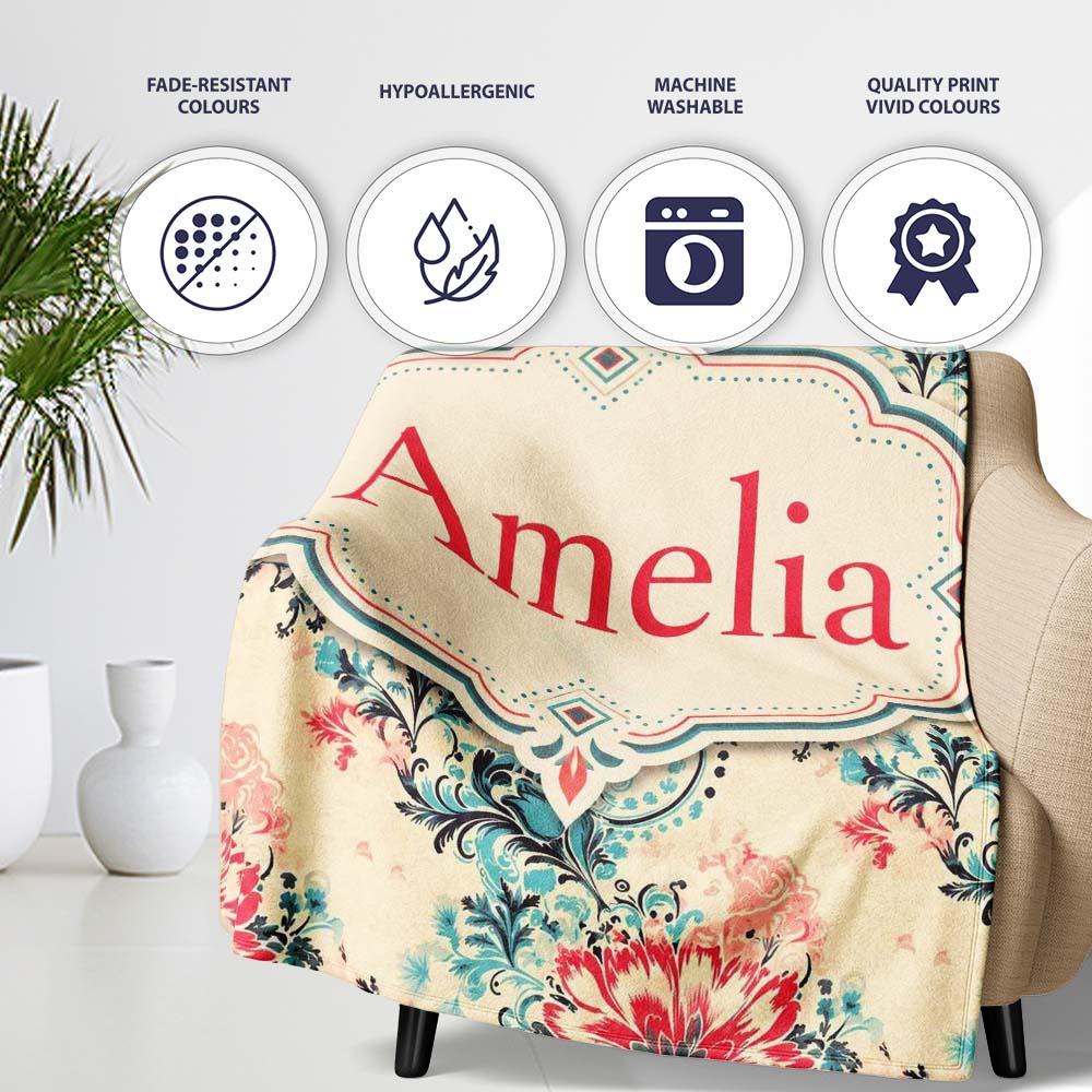Elegant Pink Blue Floral Damask Vintage Seamless Pattern Lovely Personalised Custom Name Super Soft Fleece Blanket Bed Sofa Throw