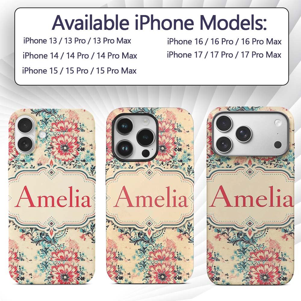 Elegant Pink Blue Floral Damask Vintage Seamless Custom Name Protective Phone Case Mobile Cover Durable Everyday Smartphone Shock Resistant