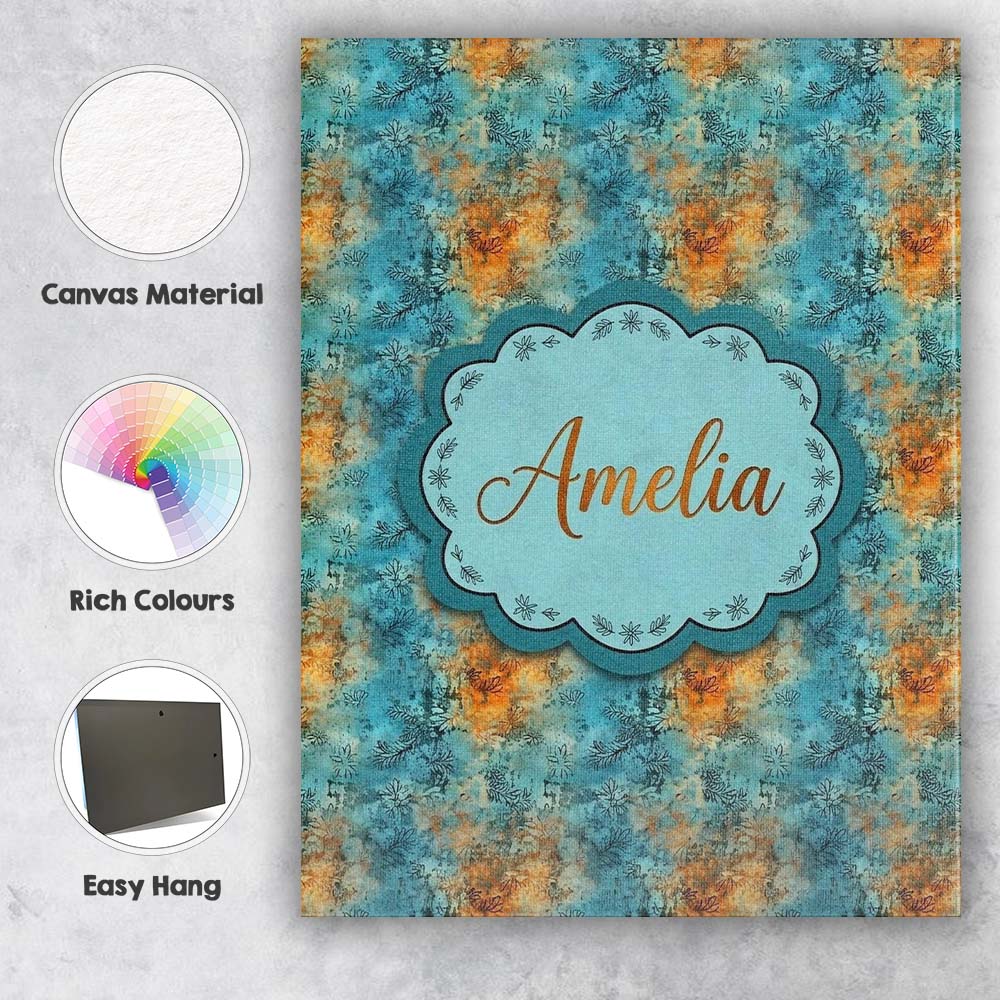 Personalised Name Teal Orange Grunge Floral Custom Bespoke Interior Contemporary Canvas Wall Art Print Decor Picture Ready to Hang