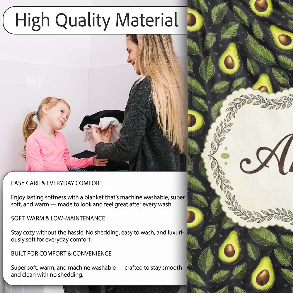 Dark Avocado Leaf Seamless Black Background Fresh Fruit Botanical Personalised Custom Name Super Soft Fleece Blanket Bed Sofa Throw