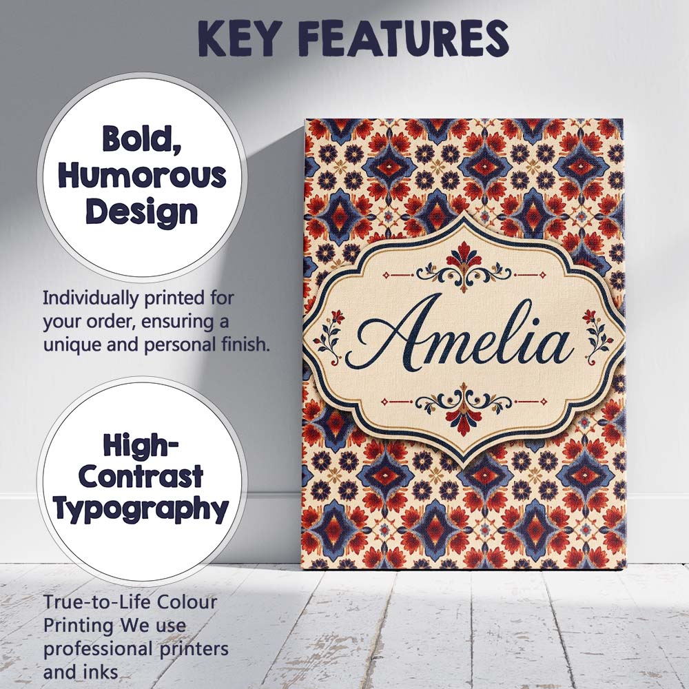 Personalised Name Red Blue Geometric Floral Custom Bespoke Interior Contemporary Canvas Wall Art Print Decor Picture Ready to Hang