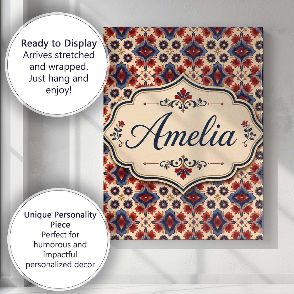 Personalised Name Red Blue Geometric Floral Custom Bespoke Interior Contemporary Canvas Wall Art Print Decor Picture Ready to Hang