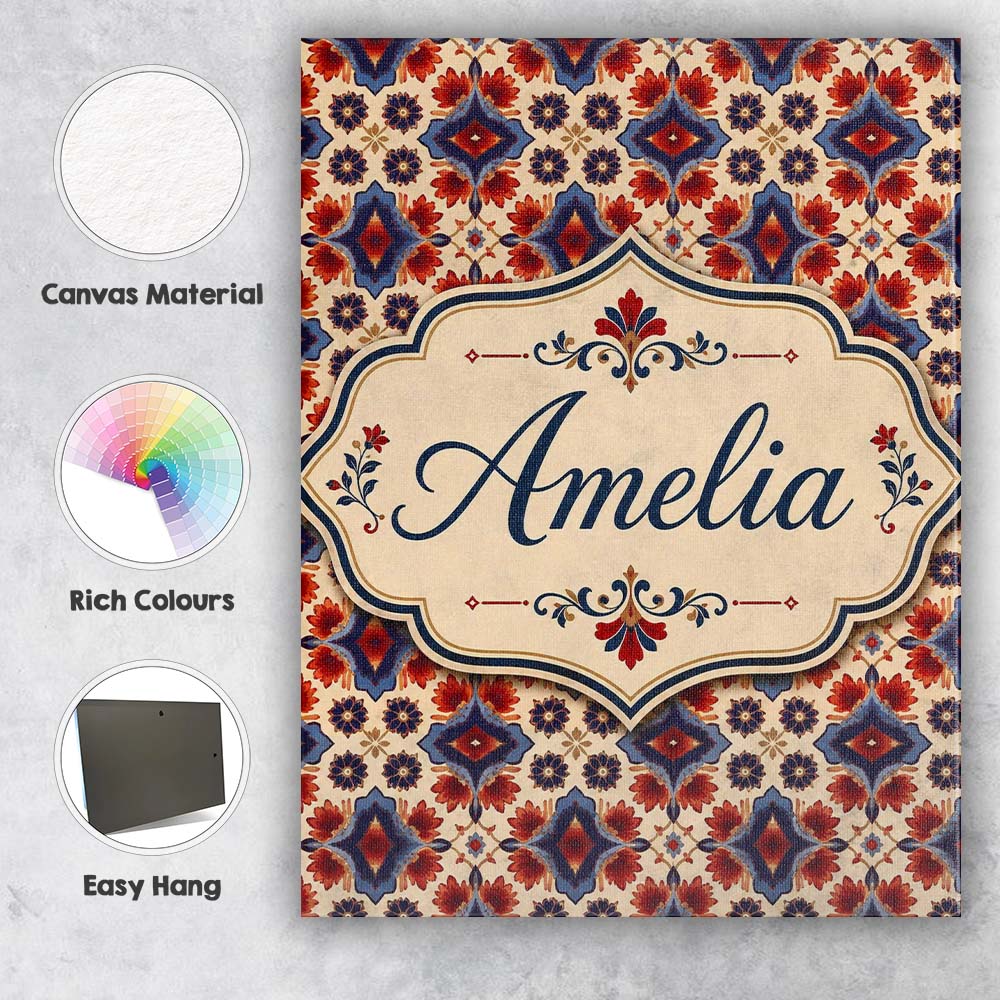 Personalised Name Red Blue Geometric Floral Custom Bespoke Interior Contemporary Canvas Wall Art Print Decor Picture Ready to Hang