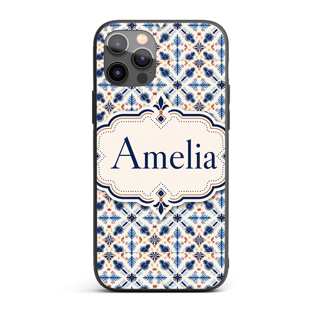 Blue White Nordic Folk Pattern Seamless Pattern Custom Name Protective Phone Case Mobile Cover Durable Everyday Smartphone Shock Resistant