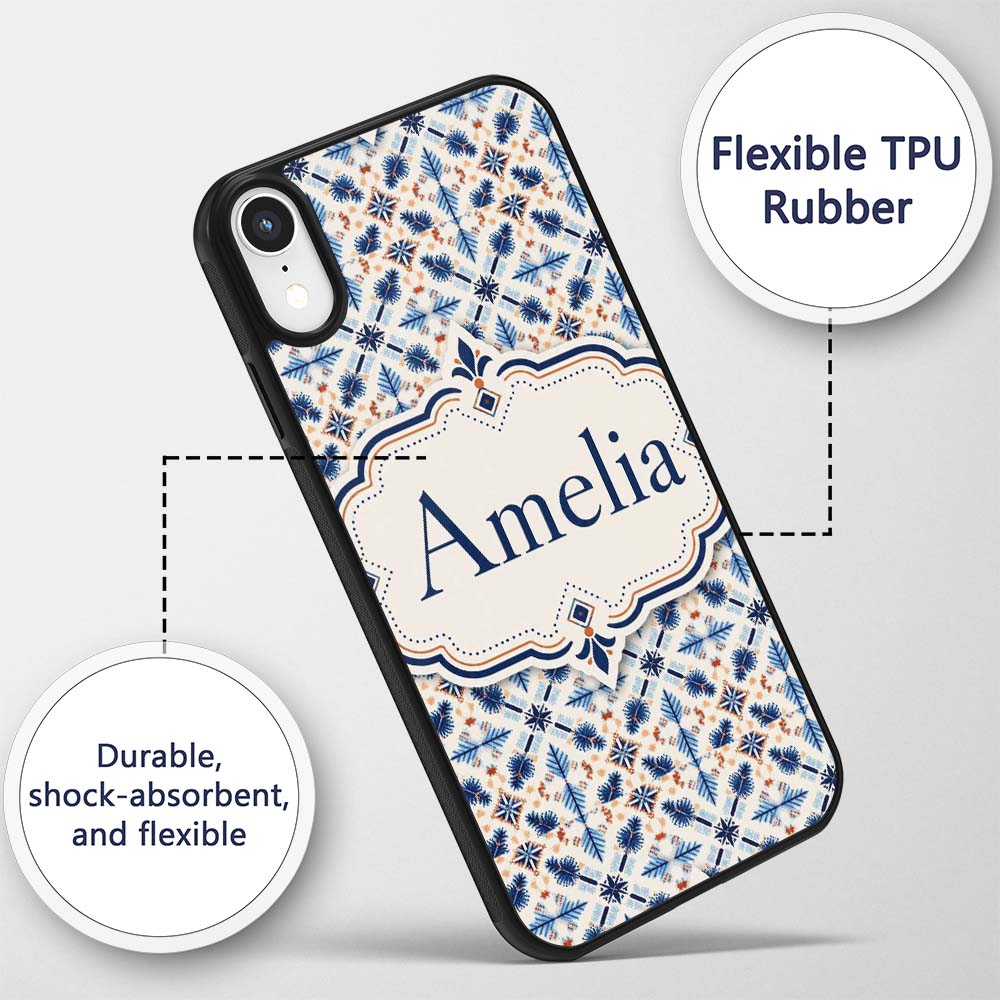 Blue White Nordic Folk Pattern Seamless Pattern Custom Name Protective Phone Case Mobile Cover Durable Everyday Smartphone Shock Resistant