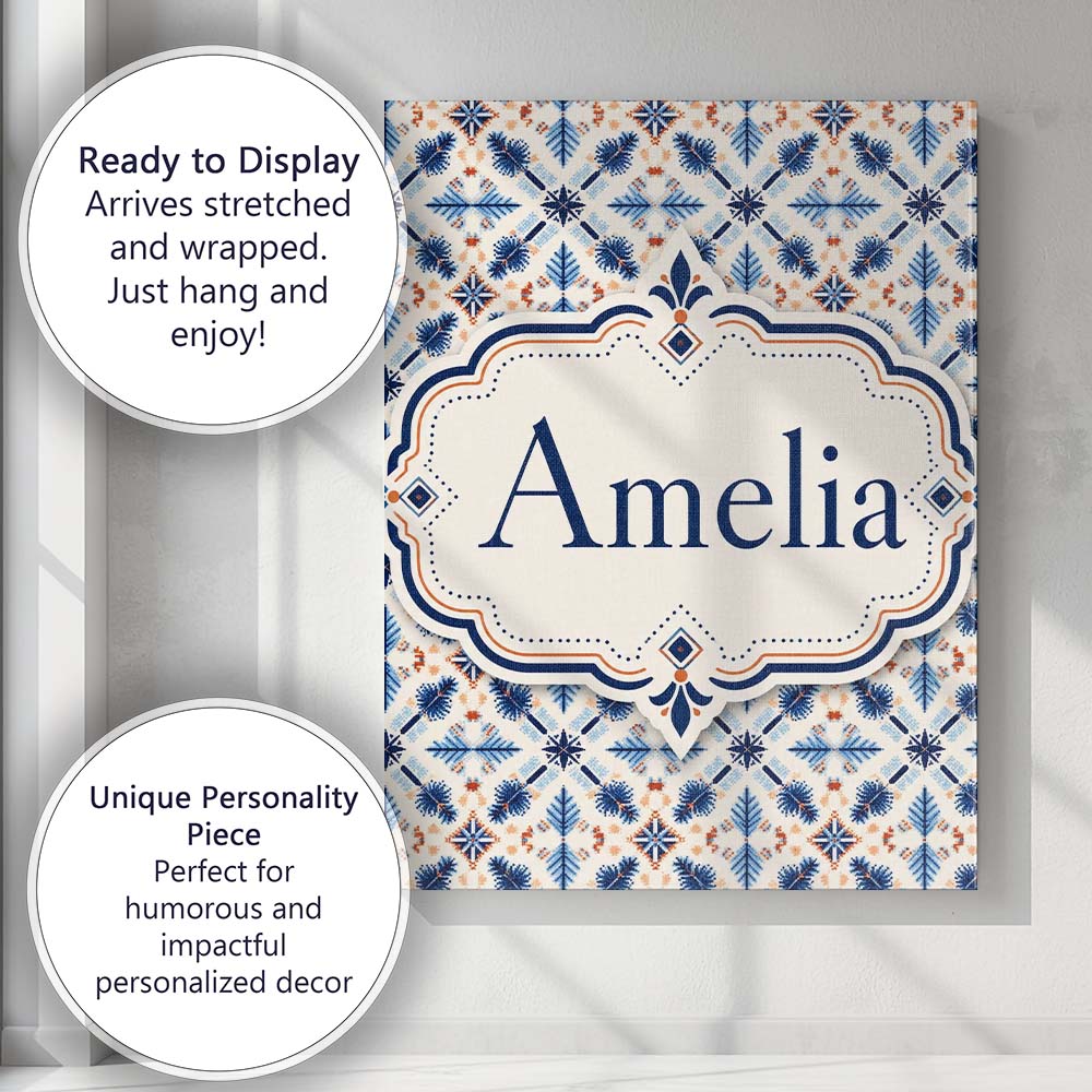 Personalised Name Blue White Nordic Folk Custom Unique Gift Idea Elegant Feature Canvas Wall Art Print Decor Picture Ready to Hang