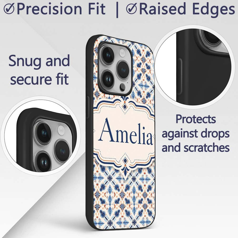 Blue White Nordic Folk Pattern Seamless Pattern Custom Name Protective Phone Case Mobile Cover Durable Everyday Smartphone Shock Resistant