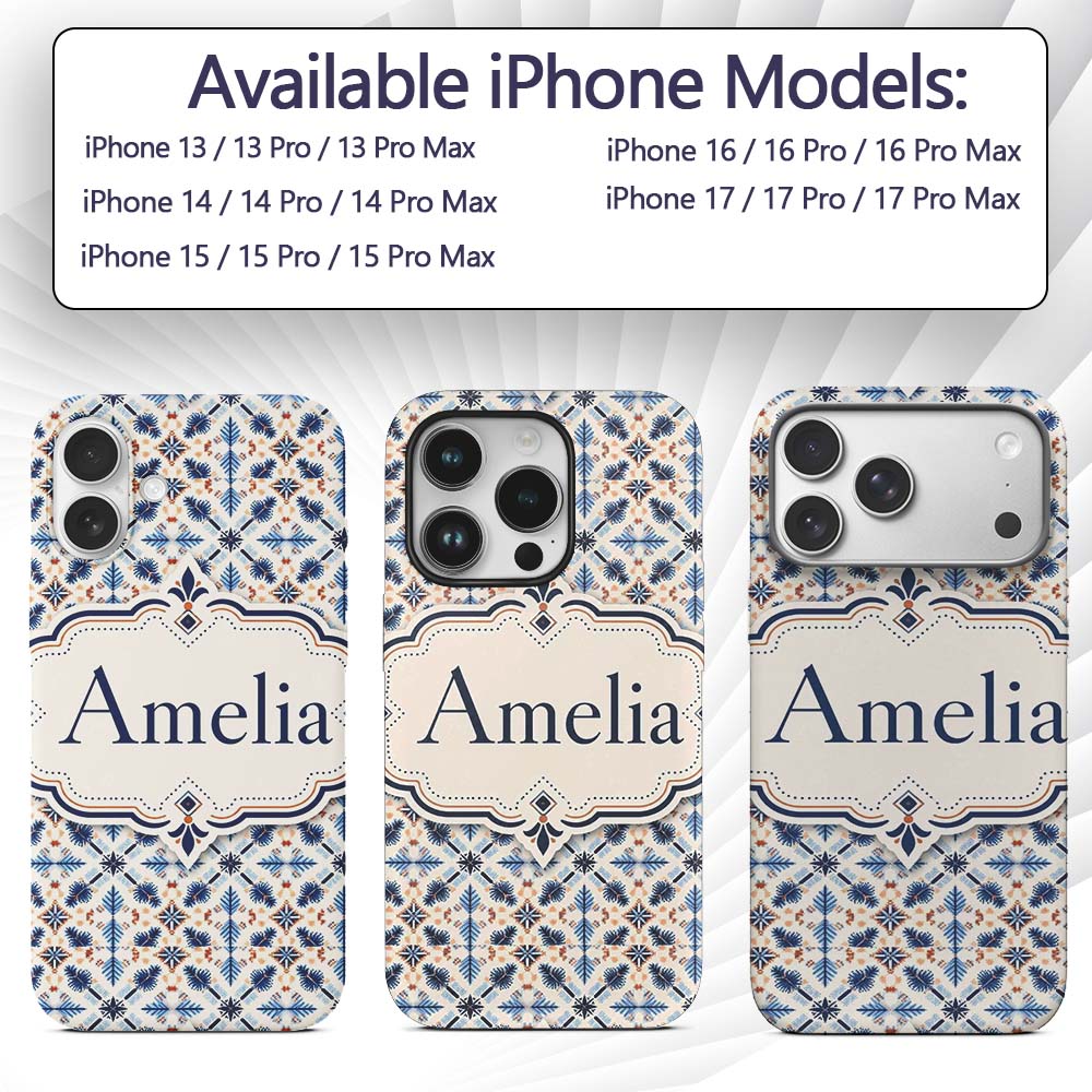 Blue White Nordic Folk Pattern Seamless Pattern Custom Name Protective Phone Case Mobile Cover Durable Everyday Smartphone Shock Resistant