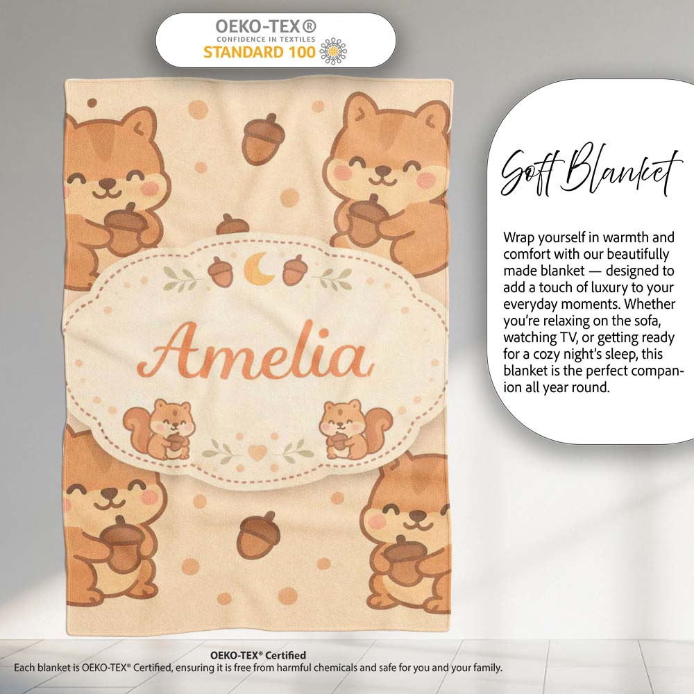 Cute Squirrel Acorn Cartoon Animal Pattern Perfect Gift for Her Personalised Custom Name Super Soft Fleece Blanket Bed Sofa Throw