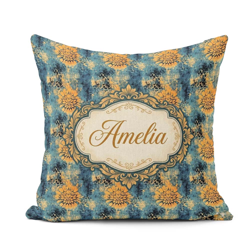 Custom Name Teal Mustard Abstract Floral Grunge Seamless Pattern Square Filled Cushion Throw Pillow Sofa Bed Home Decor Zip Washable UK Made