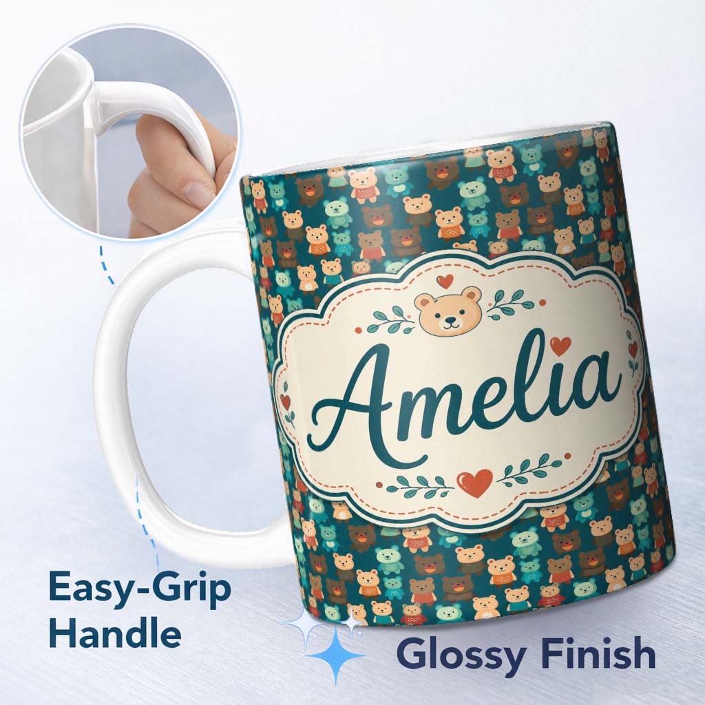 Personalized Custom Name Cute Cartoon Multicolor Teddy Bears on Dark Background Seamless 11oz Ceramic Coffee Tea Mug White Large Handle