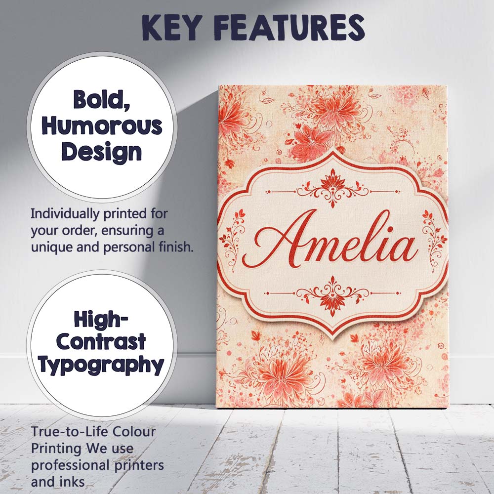 Personalised Name Soft Red Floral Watercolour Custom Unique Gift Idea Modern Room Accent Canvas Wall Art Print Decor Picture Ready to Hang
