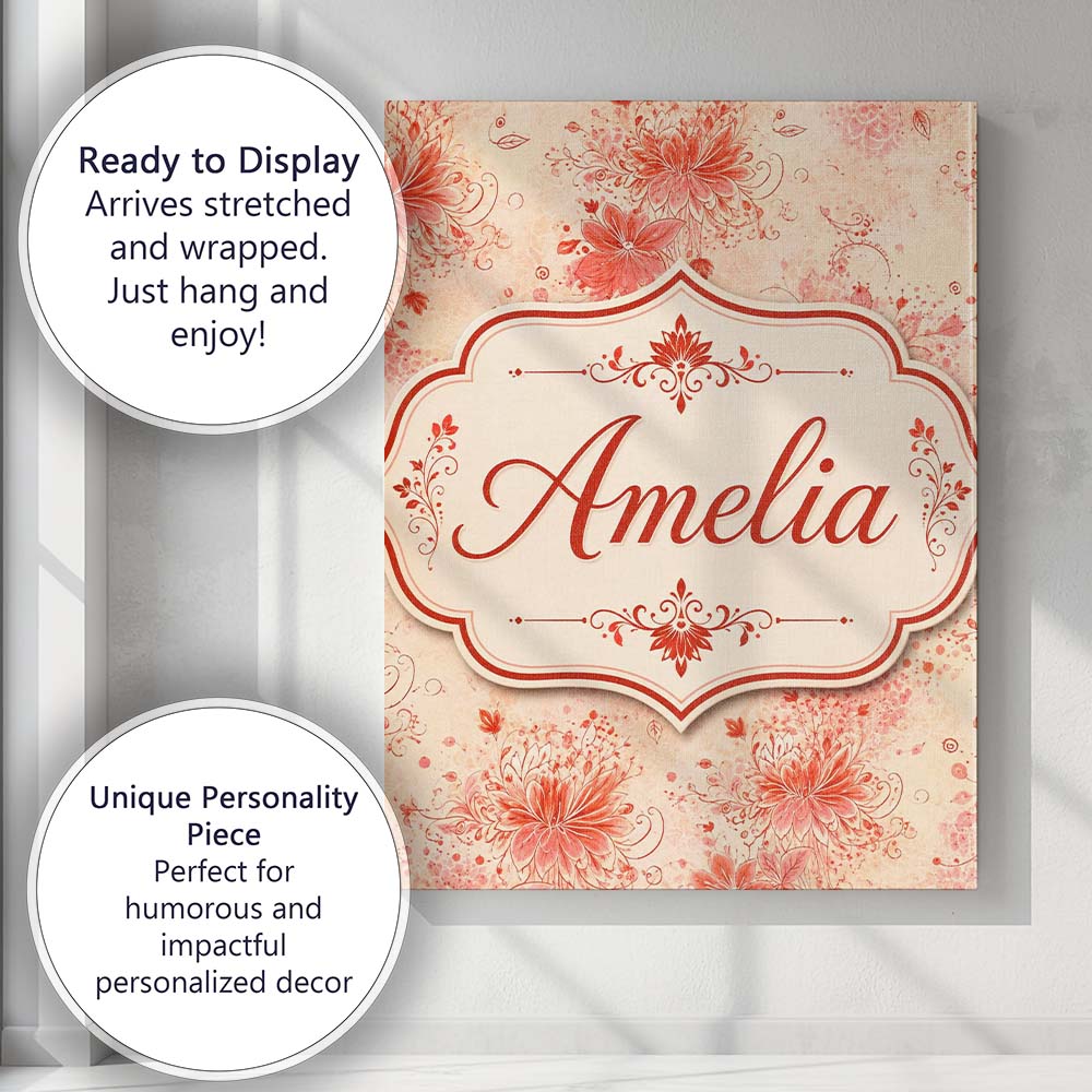 Personalised Name Soft Red Floral Watercolour Custom Unique Gift Idea Modern Room Accent Canvas Wall Art Print Decor Picture Ready to Hang