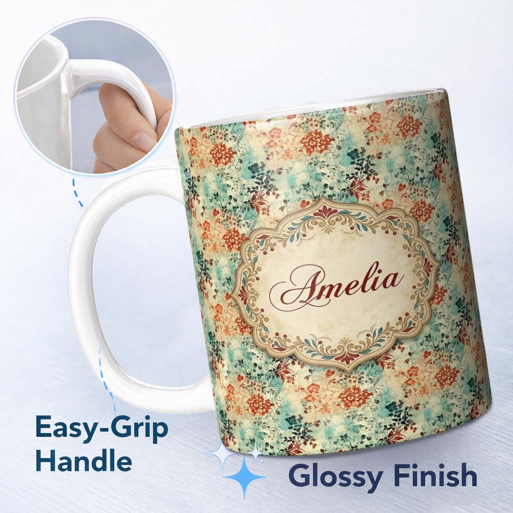 Personalized Custom Name Vintage Floral Garden Distressed Texture Seamless Pattern Lovely 11oz Ceramic Coffee Tea Mug White Large Handle