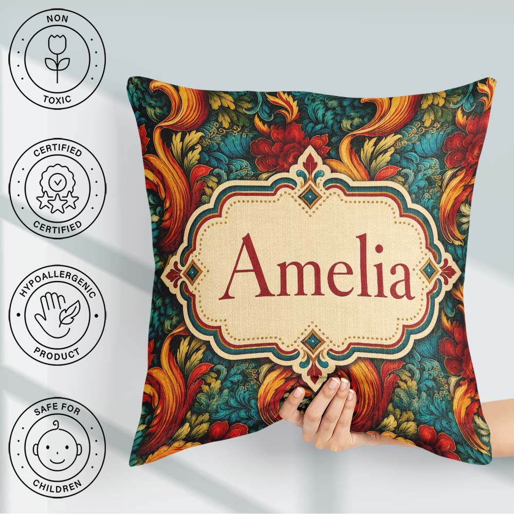 Custom Name Teal Orange Baroque Floral Swirl Seamless Pattern Square Filled Cushion Throw Pillow Sofa Bed Home Decor Zip Washable UK Made