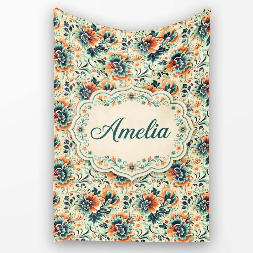 Teal Orange Floral Garden Seamless Pattern Beautiful Coffee Cup Personalised Custom Name Super Soft Fleece Blanket Bed Sofa Throw