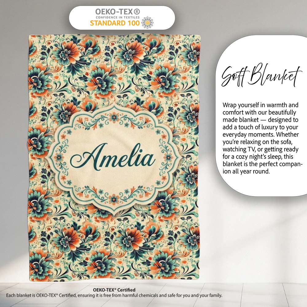 Teal Orange Floral Garden Seamless Pattern Beautiful Coffee Cup Personalised Custom Name Super Soft Fleece Blanket Bed Sofa Throw