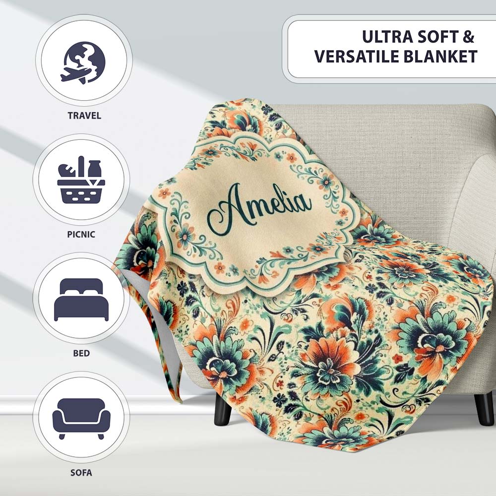 Teal Orange Floral Garden Seamless Pattern Beautiful Coffee Cup Personalised Custom Name Super Soft Fleece Blanket Bed Sofa Throw
