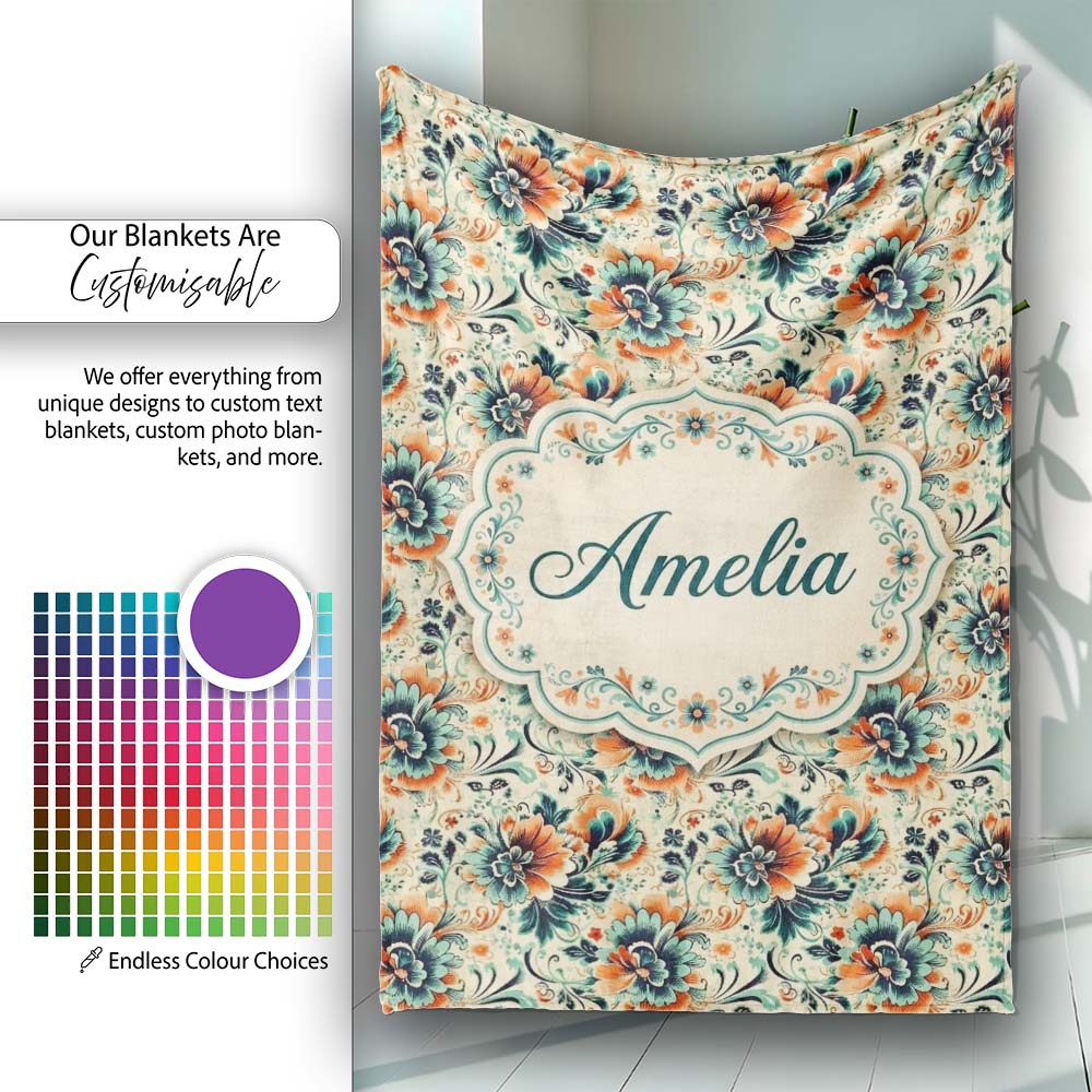 Teal Orange Floral Garden Seamless Pattern Beautiful Coffee Cup Personalised Custom Name Super Soft Fleece Blanket Bed Sofa Throw