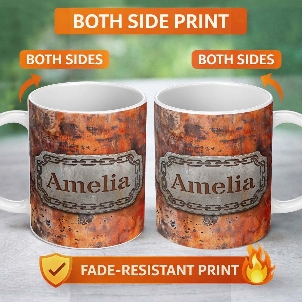 Personalized Custom Name Weathered Rust Surface with Crack Detail Grunge Seamless Pattern 11oz Ceramic Coffee Tea Mug White Large Handle