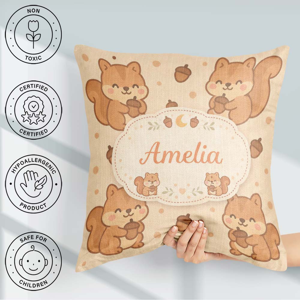 Custom Name Cute Squirrel Acorn Cartoon Animal Pattern for Her Square Filled Cushion Throw Pillow Sofa Bed Home Decor Zip Washable UK Made
