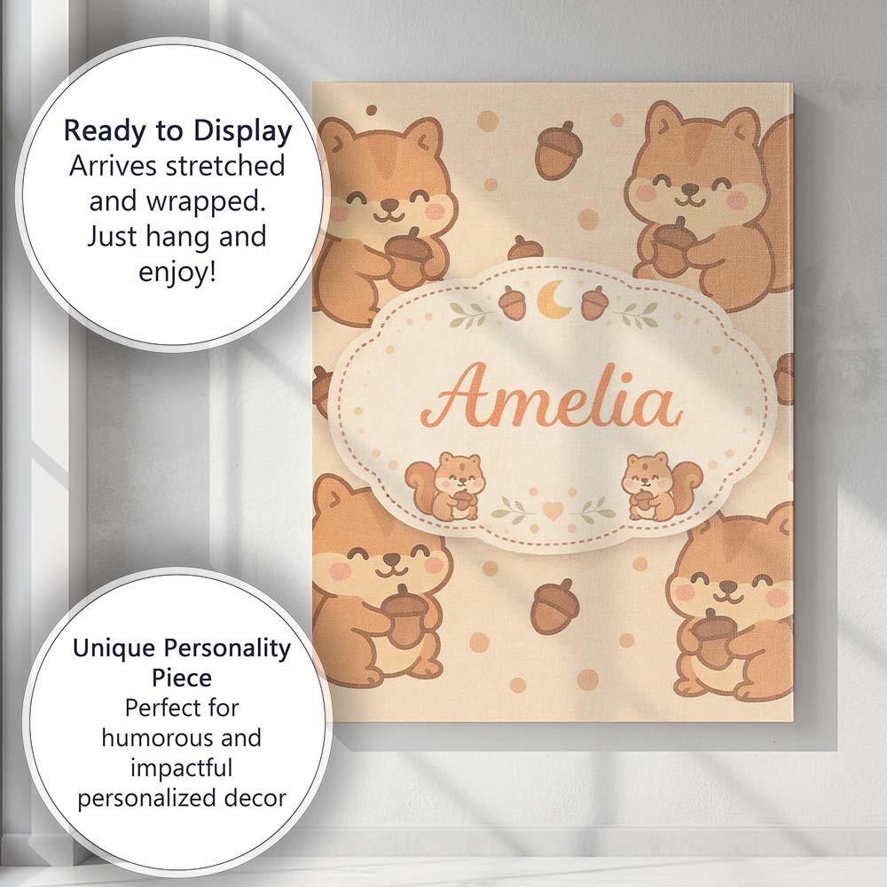 Personalised Name Cute Squirrel Acorn Cartoon Animal Pattern Perfect Custom Home Canvas Wall Art Print Decor Picture Ready to Hang