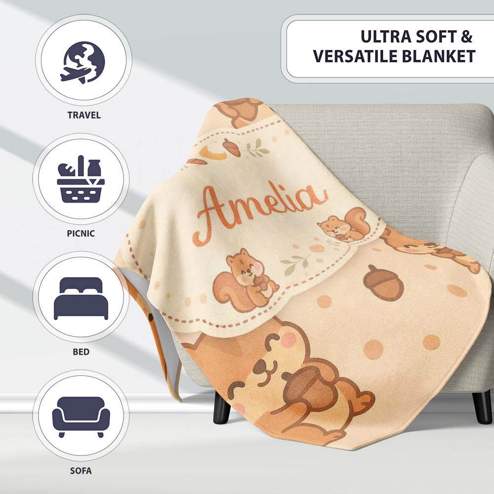 Cute Squirrel Acorn Cartoon Animal Pattern Perfect Gift for Her Personalised Custom Name Super Soft Fleece Blanket Bed Sofa Throw