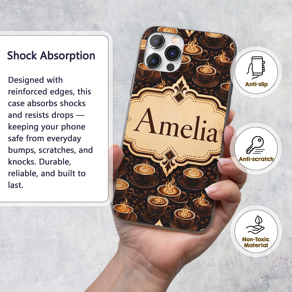 Coffee Cups Dark Roast Cafe Theme Printed Design Custom Name Protective Phone Case Mobile Cover Durable Everyday Smartphone Shock Resistant