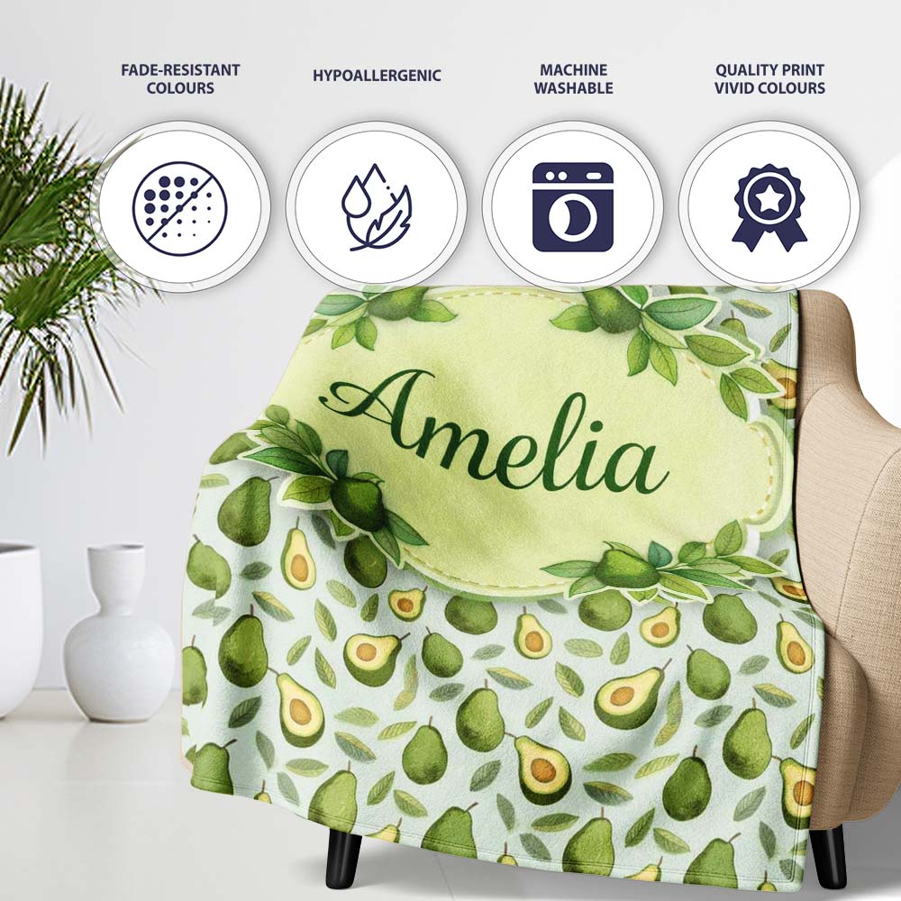 Green Avocado Pear Seamless Pattern Bright Botanical Fruit Lovely Personalised Custom Name Super Soft Fleece Blanket Bed Sofa Throw