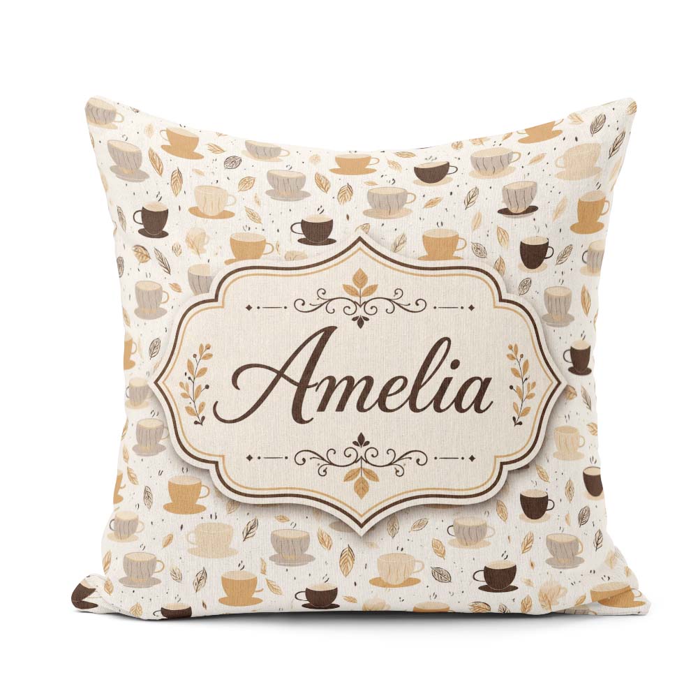 Custom Name Minimal Coffee Cups and Leaves Neutral Tone Seamless Square Filled Cushion Throw Pillow Sofa Bed Home Decor Zip Washable UK Made