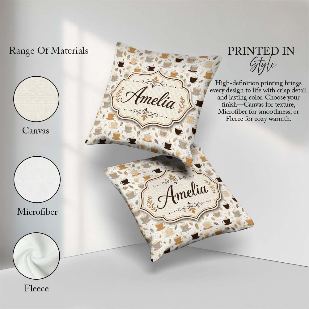 Custom Name Minimal Coffee Cups and Leaves Neutral Tone Seamless Square Filled Cushion Throw Pillow Sofa Bed Home Decor Zip Washable UK Made